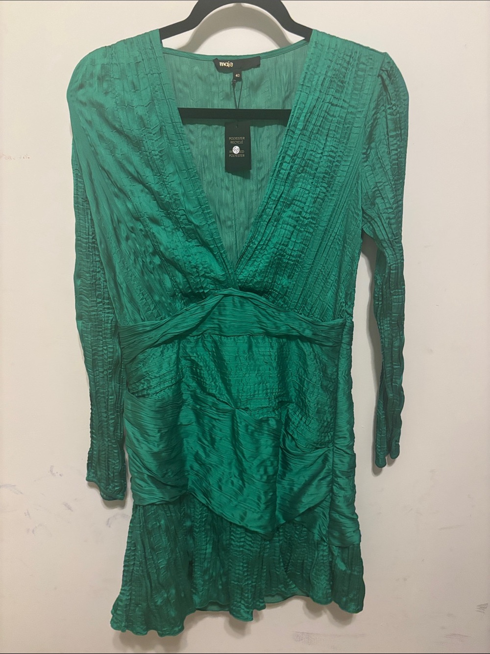 Maje Emerald Green Pleated Ruched Mini Dress NWT Size 40